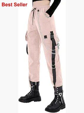 Polyester Spandex Cargo Pants with Chain Detail Techwear Style